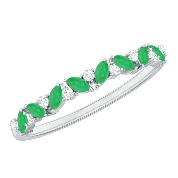 Rosec Jewels Natural Emerald Half Eternity Anniversary Stacking Ring with Diamond for Women, 18K White Gold, US 6.00