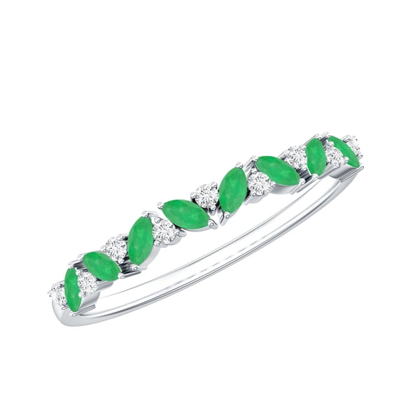 Rosec Jewels Natural Emerald Half Eternity Anniversary Stacking Ring with Diamond for Women, 18K White Gold, US 6.00