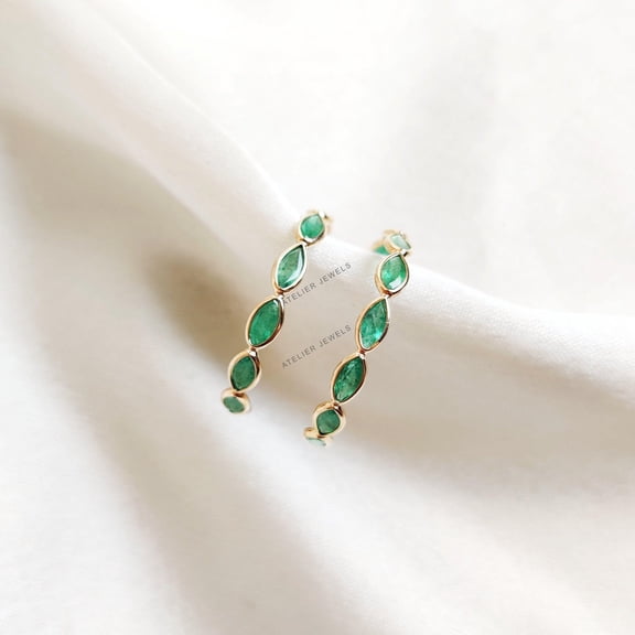 Natural Emerald Hoop Earrings, 14K Solid Yellow Gold Emerald Earrings, Dainty Emerald Hoop Earrings, May Birthstone Studs, Christmas Present