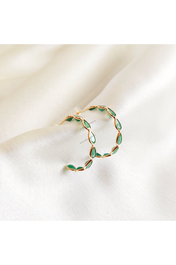 Natural Emerald Hoop Earrings, Solid Gold Emerald Stud Earrings, Dainty Gemstone Hoop Earrings, May Birthstone Earrings, Birthday Present