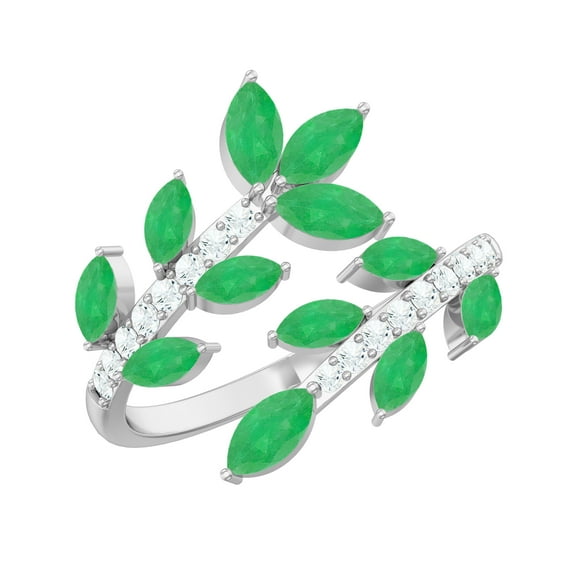 Rosec Jewels Natural Emerald Leaf Wrap Ring for Cocktail with Diamond - AAA Grade, 14K White Gold, US 3.00