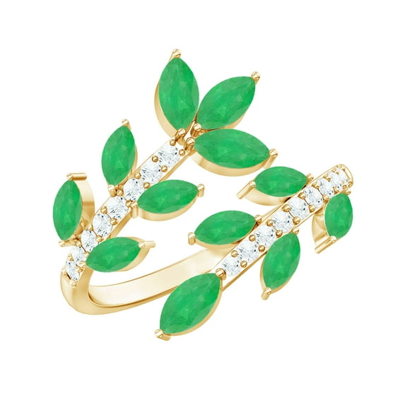 Rosec Jewels Natural Emerald Leaf Wrap Ring for Cocktail with Diamond - AAA Grade, 18K Yellow Gold, US 11.00