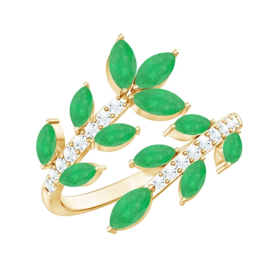 Rosec Jewels Natural Emerald Leaf Wrap Ring for Cocktail with Diamond - AAA Grade, 18K Yellow Gold, US 6.00