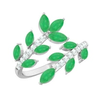 Natural Emerald Leaf Wrap Ring for Cocktail with Diamond - AAA Grade, 925 Sterling Silver, US 4.00