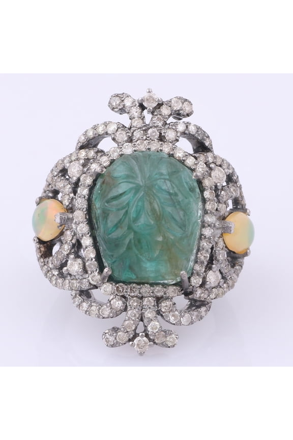 Natural Emerald Opal,Diamond Gemstone 925 Sterling Silver Ring