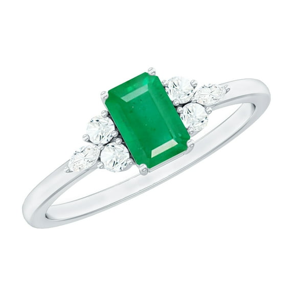 Rosec Jewels Natural Emerald Promise Ring with Diamond for Women (4X6 mm, AAA Grade), 925 Sterling Silver, US 4.50