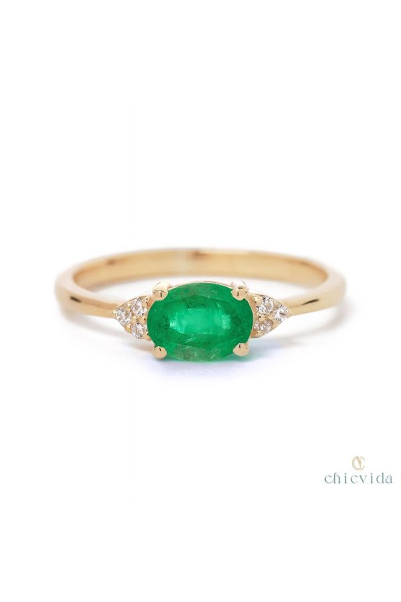 Natural Emerald Ring, Gold Plated Engagement Ring,Dainty Wedding Ring for Her,May Birthstone Jewelry,Unique Diamond Accent,East West Ring
