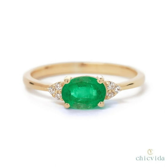 Natural Emerald Ring, Gold Plated Engagement Ring,Dainty Wedding Ring for Her,May Birthstone Jewelry,Unique Diamond Accent,East West Ring