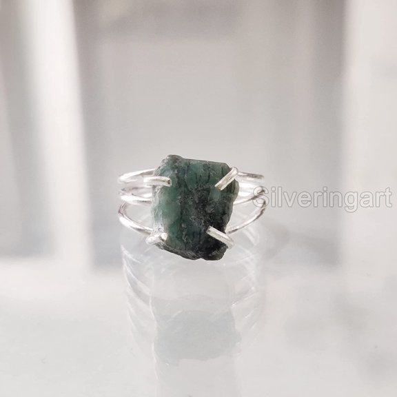 Natural Emerald Ring, Rough Emerald Gemstone Ring, AAA May Birthstone, 3 Plain Band, 925 Sterling Silver, Womens Ring, Christmas, Thanksgiving, Handmade, Statement Jewelry, Rough Gemstone Jewelry