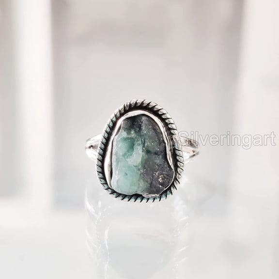 Natural Emerald Ring, Rough Emerald Gemstone Ring, AAA May Birthstone, Bohemian Band, 925 Sterling Silver, Womens Ring, Christmas, Thanksgiving, Handmade, Statement Jewelry, Rough Gemstone Jewelry