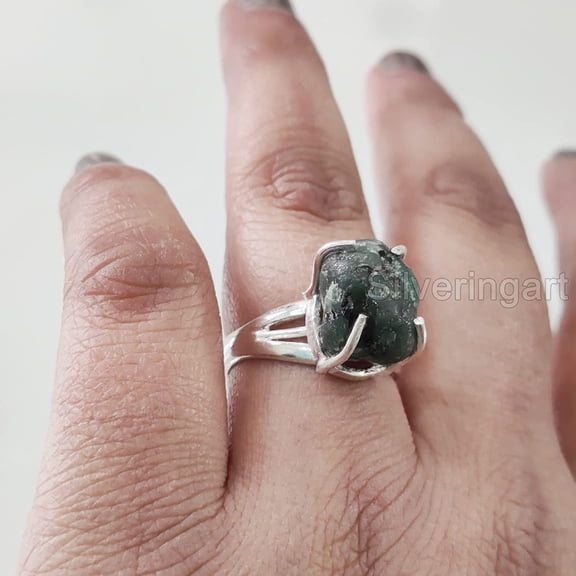 Natural Emerald Ring, Rough Emerald Gemstone Ring, AAA May Birthstone, Boho Gypsy Ring, 925 Sterling Silver, Womens Ring, Christmas, Thanksgiving, Handmade, Statement Jewelry, Rough Gemstone Jewelry