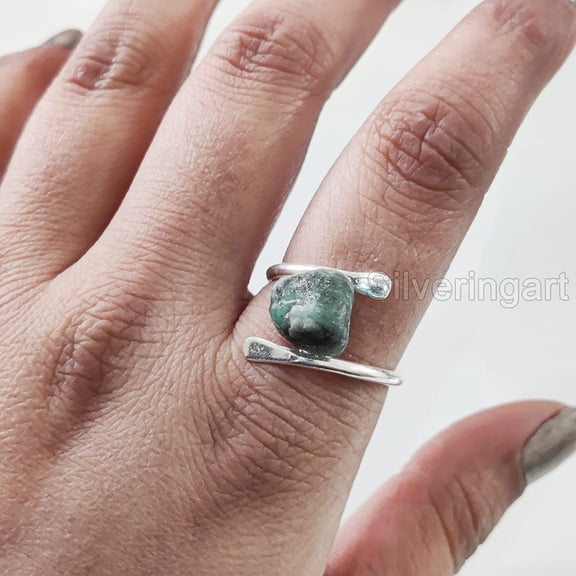 Natural Emerald Ring, Rough Emerald Gemstone Ring, AAA May Birthstone, CROSS Band, 925 Sterling Silver, Womens Ring, Christmas, Thanksgiving, Handmade, Statement Jewelry, Rough Gemstone Jewelry