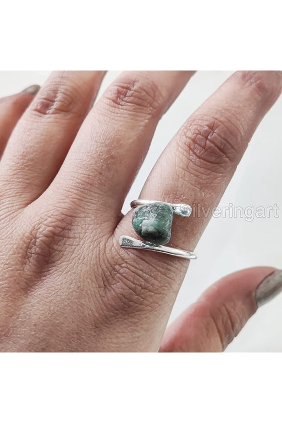 Natural Emerald Ring, Rough Emerald Gemstone Ring, AAA May Birthstone, CROSS Band, 925 Sterling Silver, Womens Ring, Christmas, Thanksgiving, Handmade, Statement Jewelry, Rough Gemstone Jewelry