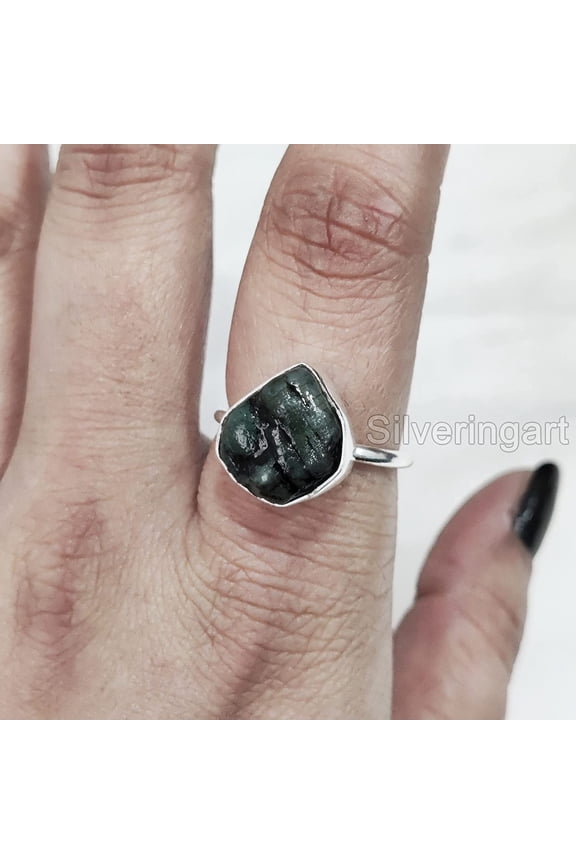 Natural Emerald Ring, Rough Emerald Gemstone Ring, AAA May Birthstone, Simple Plain Ring, 925 Sterling Silver, Womens Ring, Christmas, Thanksgiving, Handmade, Statement Jewelry, Rough Gemstone Jewelry