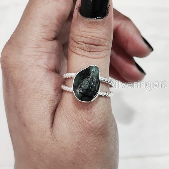 Natural Emerald Ring, Rough Emerald Gemstone Ring, AAA May Birthstone, Twist Double Band, 925 Sterling Silver, Womens Ring, Christmas, Thanksgiving, Handmade, Statement Jewelry, Rough Gemstone Jewelry