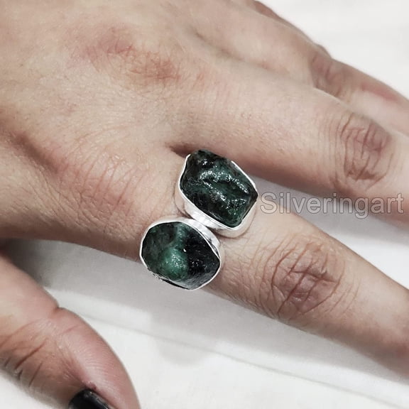 Natural Emerald Ring, Rough Emerald Ring, May Birthstone, Adjustable Two Stone Ring, 925 Sterling Silver, Womens Ring, Christmas, Thanksgiving, Handmade, Statement Jewelry, Rough Gemstone Jewelry