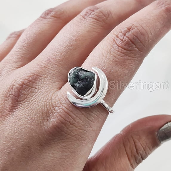 Natural Emerald Ring, Rough Emerald Ring, May Birthstone, Crescent Moon Adjustable Ring, 925 Sterling Silver, Womens Ring, Christmas, Thanksgiving, Handmade, Statement Jewelry, Rough Gemstone Jewelry