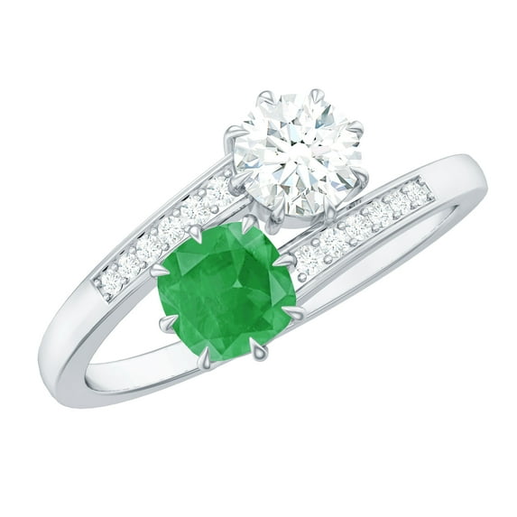 Rosec Jewels Natural Emerald Toi Et Moi Engagement Ring - Emerald Moissanite Ring for Women - AAA Quality - with Jewelry Box, 18K White Gold, US 4.00