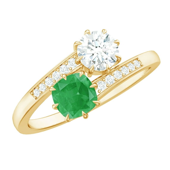 Rosec Jewels Natural Emerald Toi Et Moi Engagement Ring - Emerald Moissanite Ring for Women - AAA Quality - with Jewelry Box, 18K Yellow Gold, US 12.00