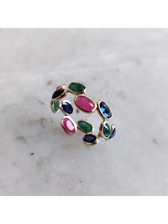 Natural Emerald, Ruby & Blue Sapphire Ring, 14K Solid Yellow Gold Ring, Stackable Precious Gemtone Ring, Bezel Set Ring, Multi Stone Ring