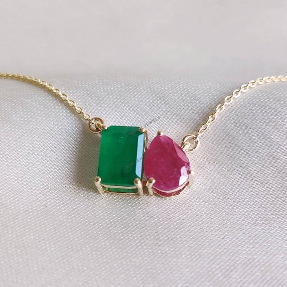 Natural Emerald & Ruby Pendant, 14K Solid Yellow Gold Emerald Pendant Necklace, May July Birthstone, Christmas Present, Emerald Ruby Jewelry
