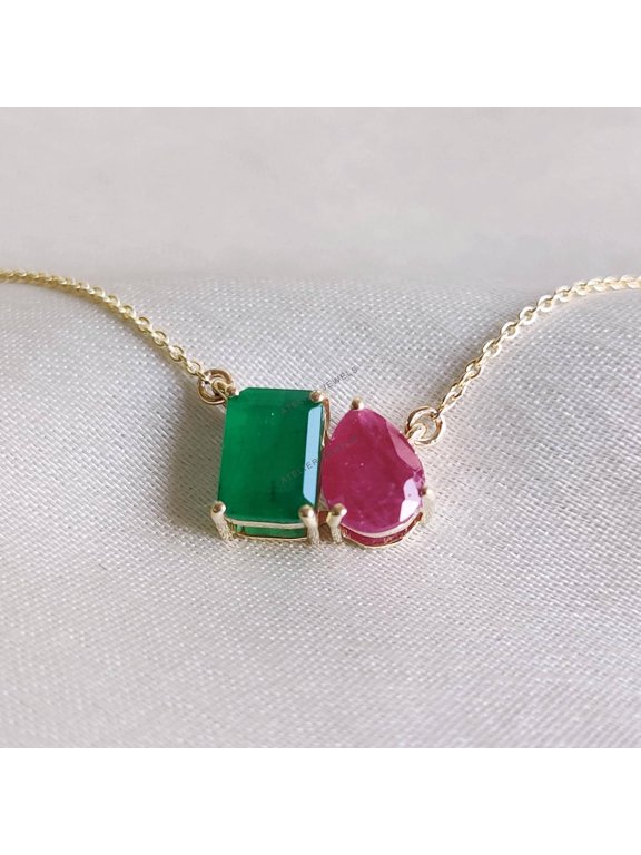 Natural Emerald & Ruby Pendant, 14K Solid Yellow Gold Emerald Pendant Necklace, May July Birthstone, Christmas Present, Emerald Ruby Jewelry