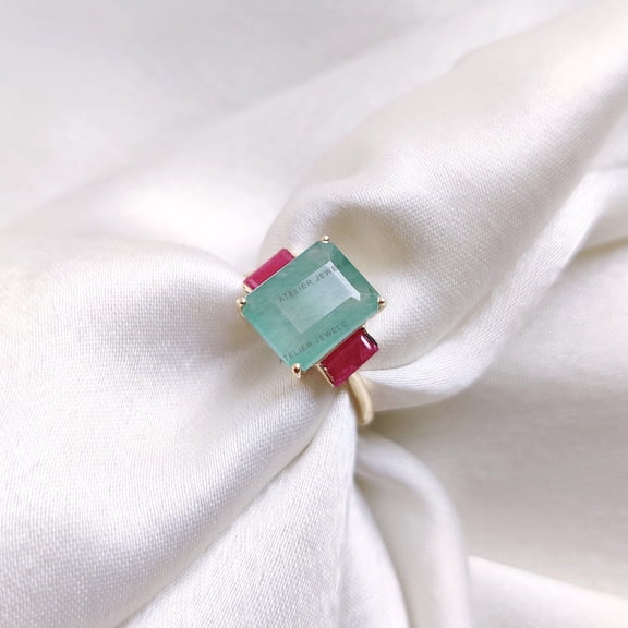 Natural Emerald & Ruby Ring, 14K Solid Yellow Gold Ring, May and July Birthstone, Octagon Emerald Ring, Dainty Ruby Ring, Christmas Gift