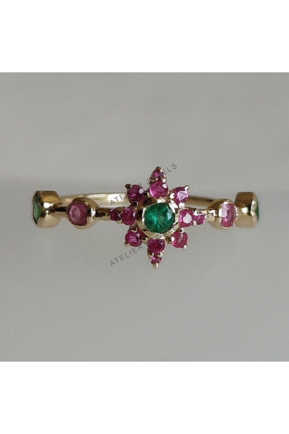 Natural Emerald & Ruby Ring, 14K Yellow Gold Gemstone Ring