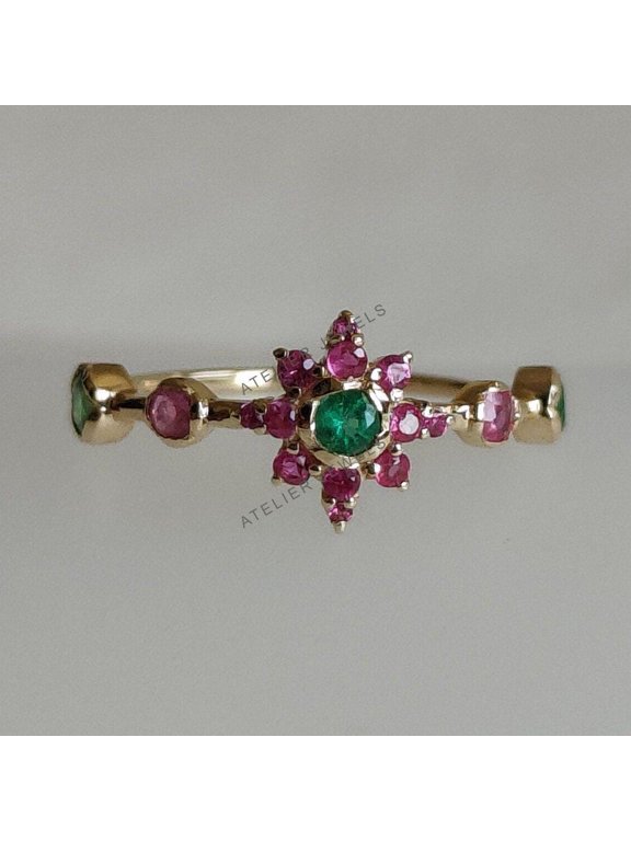 Natural Emerald & Ruby Ring, 14K Yellow Gold Gemstone Ring