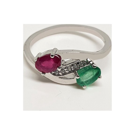 Natural Emerald Ruby Silver Ring ,925 Sterling Silver, Simple Emerald Ring