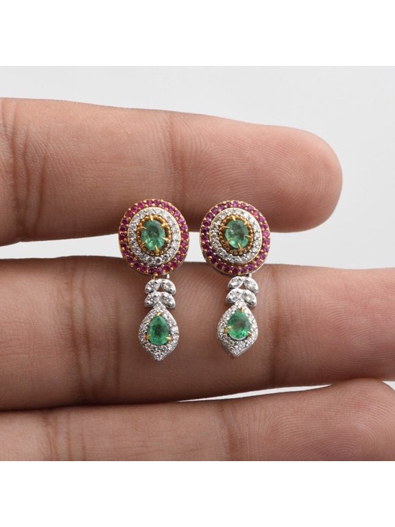 Natural Emerald Ruby and Diamonds 14k Gold Earring Drop Dangle Earrings
