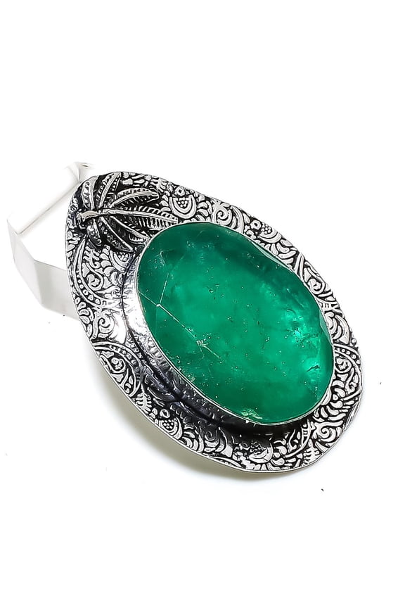Natural Emerald(Simulated) 925 Sterling Silver Jewelry Pendant 2.17"