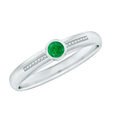 Rosec Jewels Natural Emerald Solitaire Band Ring with Beaded Details - AAA Quality, 925 Sterling Silver, US 4.00
