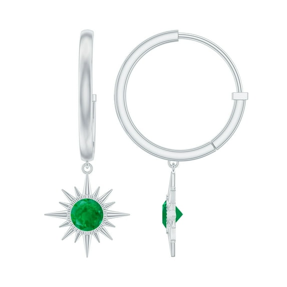 Rosec Jewels Natural Emerald Sunburst Drop Hoop Earrings for Women - AAA Quality, 14K White Gold