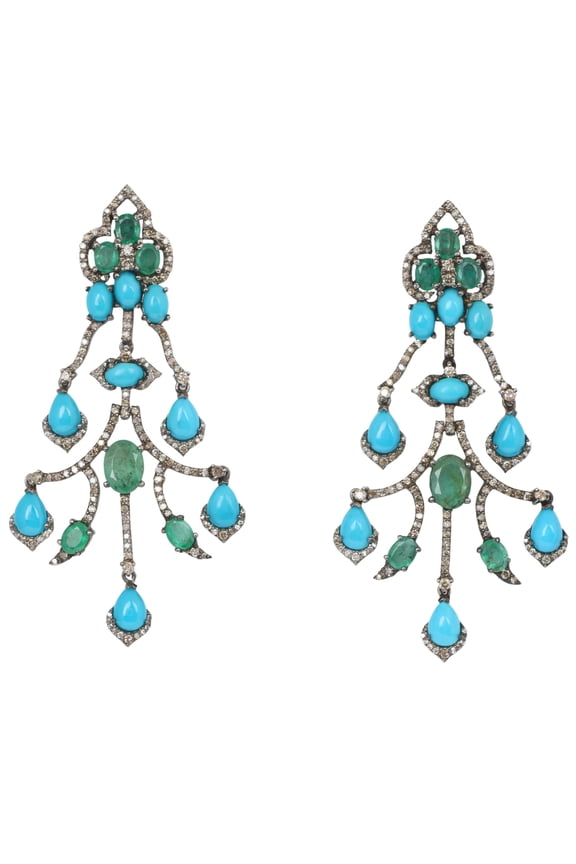 Natural Emerald Turquoise,Diamond Gemstone 925 Sterling Silver Earrings