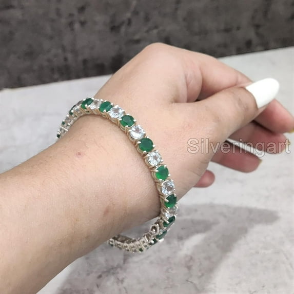 Natural Emerald bracelet, May Birthstone Emerald jewelry, Natural Aquamarine, Silver jewelry, Silver bracelet, 925 silver, Bracelet for wedding anniversary, Link Bracelet Bangle, Christmas Gift