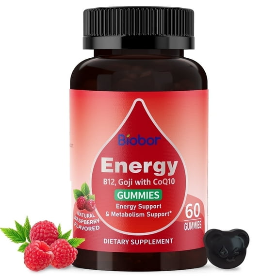 Biobor Energy Gummies with B12, Goji, CoQ10 – Raspberry Flavor, Gluten Free (60 Count)