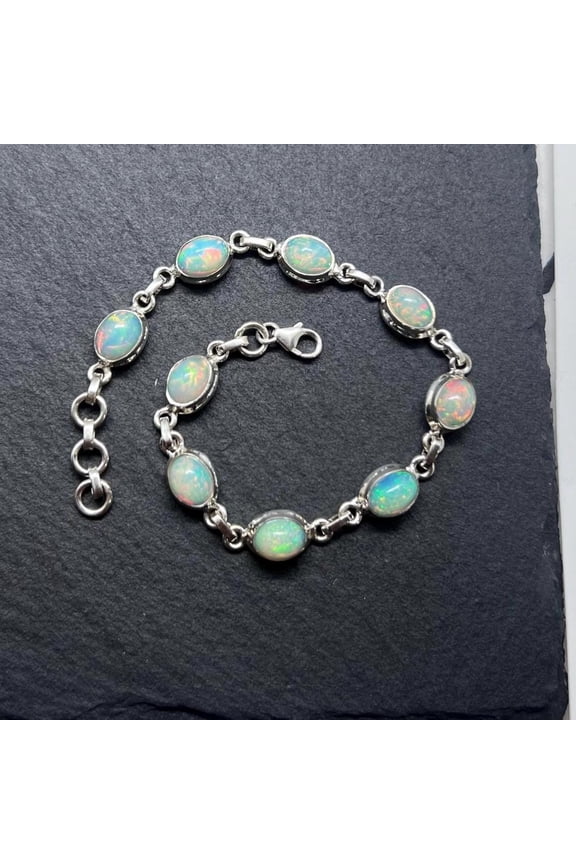 Natural Ethiopian Opal Bracelet in 925 Sterling Silver, Adjustable Opal Link Bracelet for Women, Handmade October Birthstone Jewelry, Boho Gemstone Gift