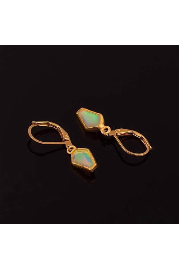 Natural Ethiopian Opal Coffin Earring, Bezel Dainty Simple Jewelry Gift for Her, Birthstone Energy Healing Stones