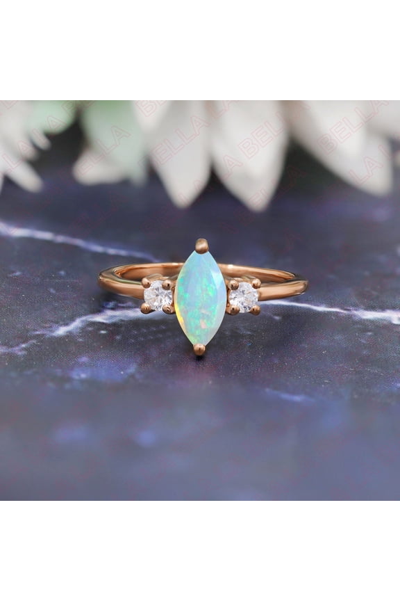 Natural Ethiopian Opal Engagement Gold Ring, Vintage Opal Bridal Gold Ring, Unique Marquise opal Promise Ring for Love, gift for Woman