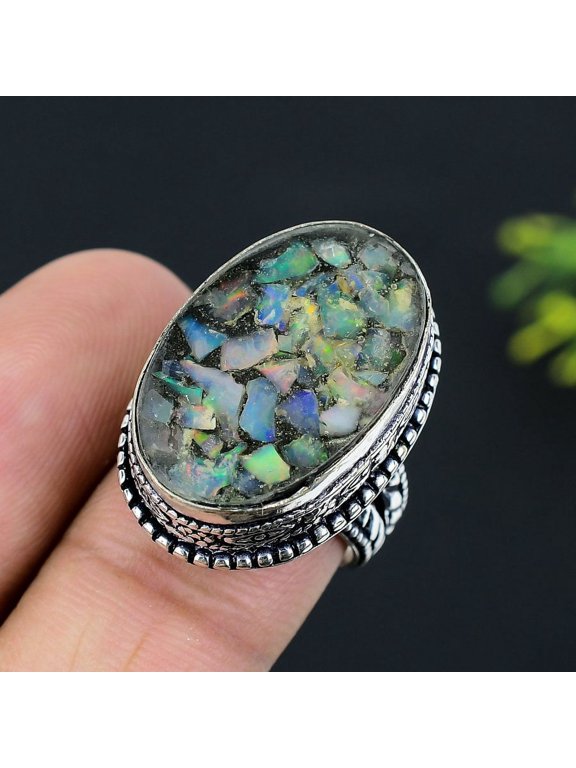 Natural Ethiopian Opal Gemstone Handmade 925 Sterling Silver Ring Size 7