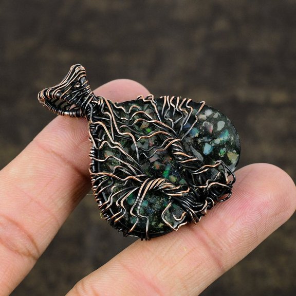 Natural Ethiopian Opal Gemstone Handmade Copper Wire Wrap Pendant 2.05"