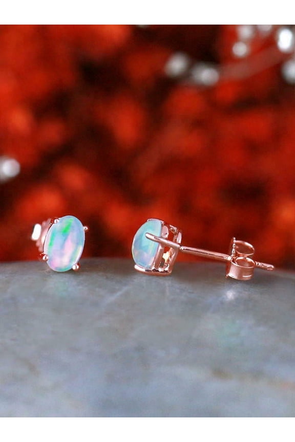 Natural Ethiopian Opal Gemstone Solid 14K Rose Gold Stud Earrings