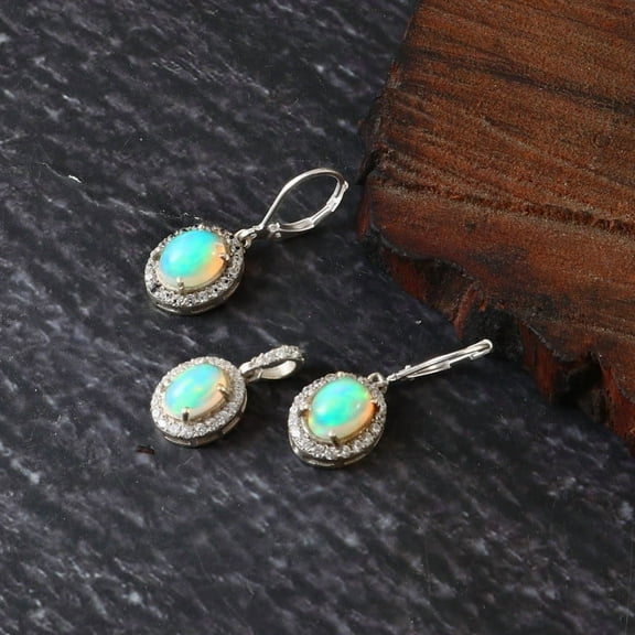Natural Ethiopian Opal Pendant With Earring Necklace Set 925 Sterling Silver Jewelry For Her