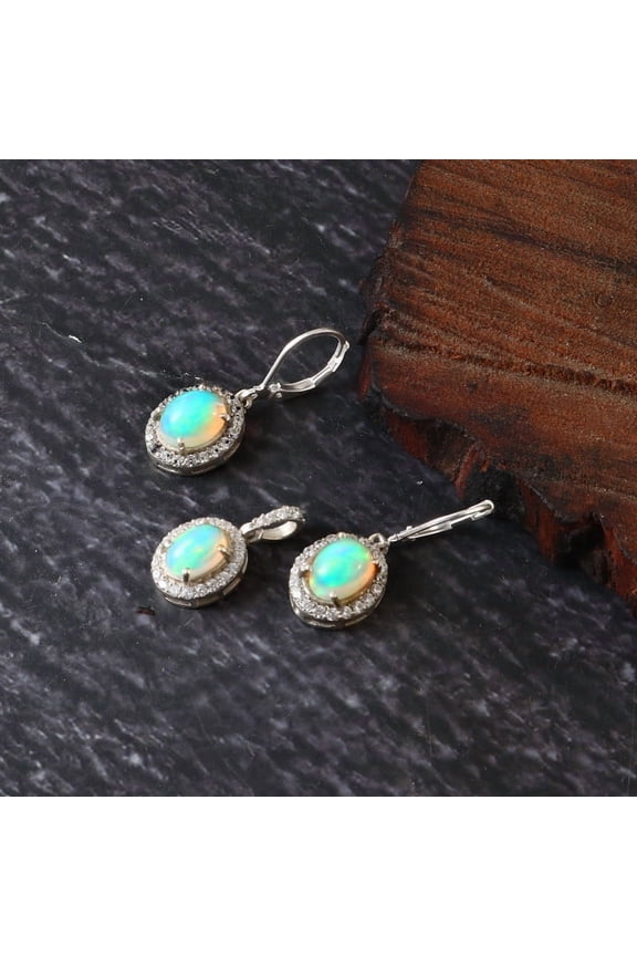 Natural Ethiopian Opal Pendant With Earring Necklace Set 925 Sterling Silver Jewelry For Her
