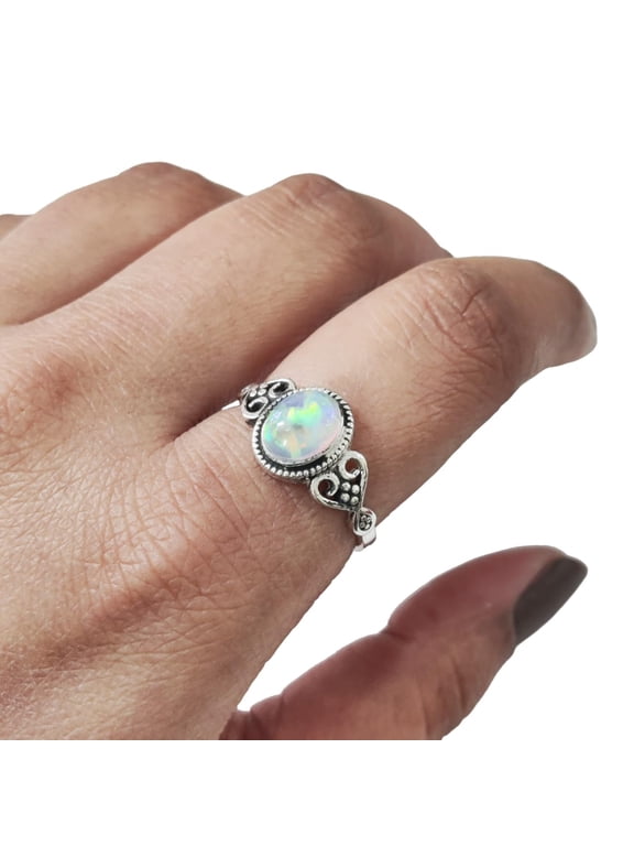 Natural Ethiopian Opal Ring, White Ethiopian Opal Gemstone Ring, October Birthstone, Tiny Bohemian Ring, 925 Sterling Silver, Designer Womens Ring, Christmas Thanksgiving, Handmade Statement Jewelry