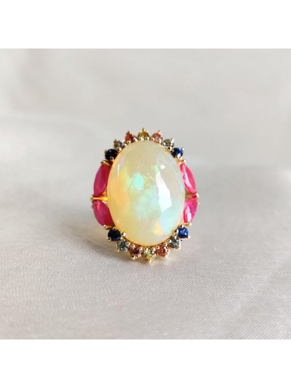 Natural Ethiopian Opal & Ruby and Sapphire Ring: 14K Yellow Gold Gemstone Ring