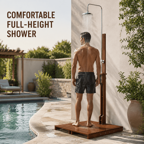 Natural Eucalyptus Outdoor Shower Station with Stainless Steel Rain Head, Portable Garden Pool Shower, Oiled Wood Finish