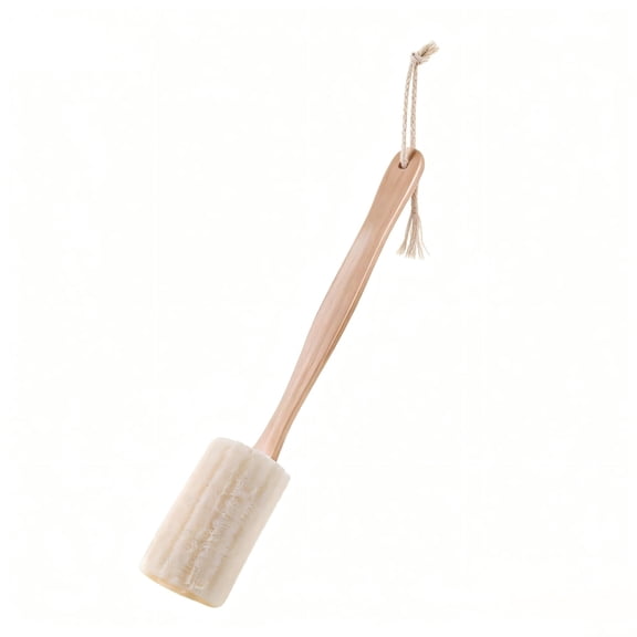 Bathroom Exfoliating Bath Brush with Long Wooden Handle for Comfortable Cleansing in Shower - Natural Loofah Body Scrubber on Stick for Men Women in Spa
