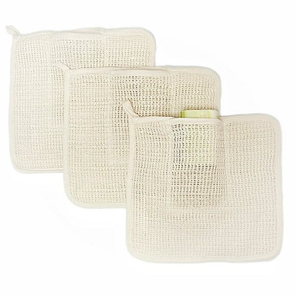 Natural Exfoliating Washcloths with Soap Saver Bag Two-Sided Sisal and Organic Cotton Face Body Towel Scrubber Wash Cloths 3 Pack
